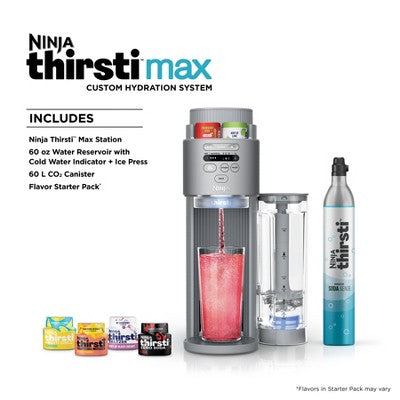 Ninja Thirsti Max Custom Hydration System Silver WC2002: Soda Maker, 60L Cartridge, Dishwasher-Safe, Thirsti Pods Compatible