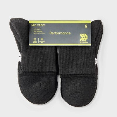 Men's 6pk Quarter Crew Socks - All In Motion Black 6-12
