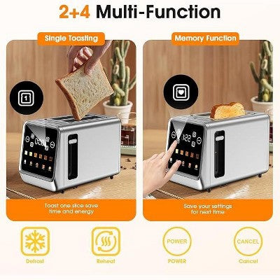 Teendow 900W Stainless Steel 2-Slice Digital Toaster with Touchscreen, Extra-Wide Slots, 5 Bread Settings & 6 Shade Options