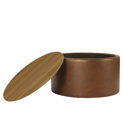 Wood Top Storage Ottoman Brown Faux Leather - HomePop: Modern Round Upholstered Bench, Easy to Assemble (LOCAL PICKUP ONLY)