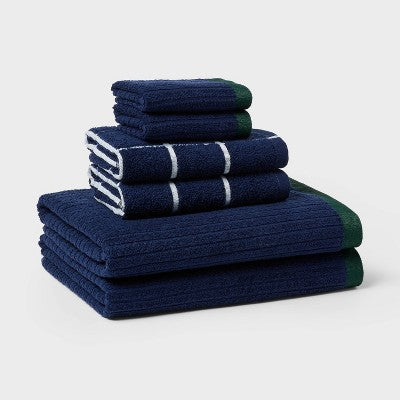 6pc Everyday Ribbed Dorm Towel Set Navy/White - Room Essentials