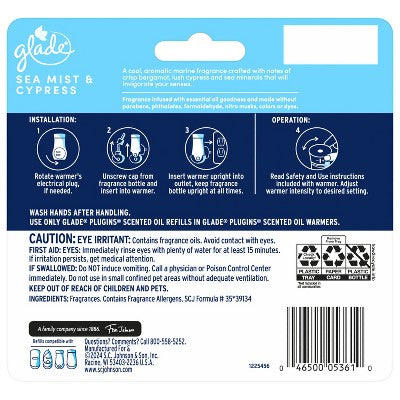 Glade PlugIns Scented Oil Air Freshener Refills - Sea Mist & Cypress - 3.35 fl oz/5pk