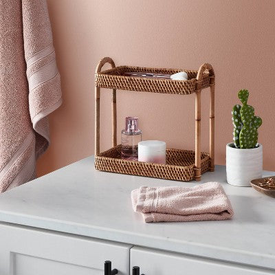 Natural Woven Tiered Vanity Bathroom Tray - Threshold: Rattan Countertop Storage Accessory, Spot Clean