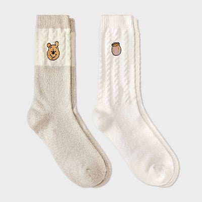 Women's 2pk Winnie The Pooh Pop-Up Storybook Supersoft Embroidered Crew Socks - Ivory/Oatmeal Heather 4-10