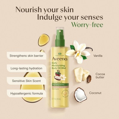 Aveeno Daily Moisturizing Body Oil Mist with Oat and Jojoba Oil - Hypoallergenic - Cocoa Butter Vanilla Scen t- 6.7 fl oz