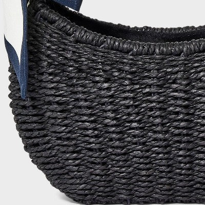 Straw Mini Bag with Bow - A New Day Black: Woven Paper Straw, Structured Shoulder Handbag, Single Handle, Solid Pattern