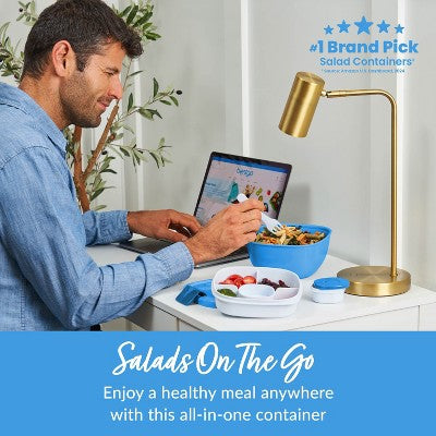 Bentgo Salad Stackable Lunch Container with Large 54oz Bowl, 4-Compartment Tray & Built-In Fork - Blue