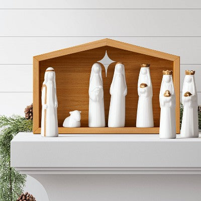 8pc Ceramic and Wood Christmas Nativity Scene Figurine Set - Wondershop