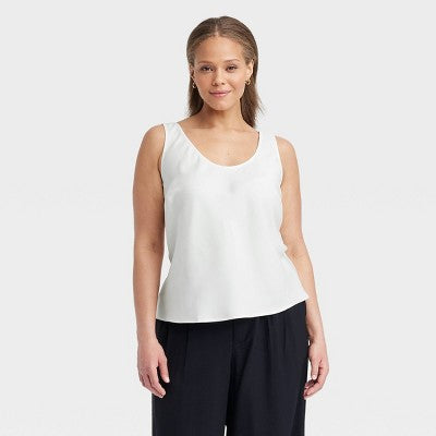 Women's Woven Shell Tank A New Day White 2X Satin, Scoopneck