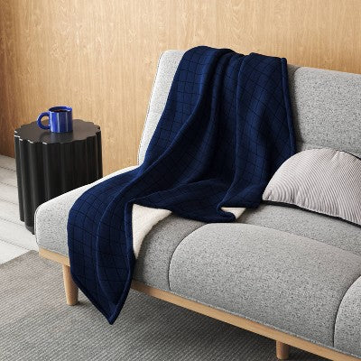Quilted Jersey Throw Blanket with Faux Shearling Reverse Heathered Navy - Room Essentials