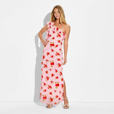 Women's Ruffle One Shoulder Midi Bodycon Dress - Pink Floral XS