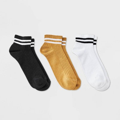 Women's Varsity Striped Ribbed 3pk Ankle Socks - Universal Thread Gold/White/Black 4-10: Tagless