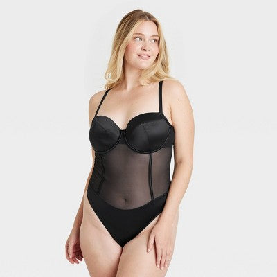 Women's Satin and Mesh Lightly Lingerie Bodysuit - Auden Black L