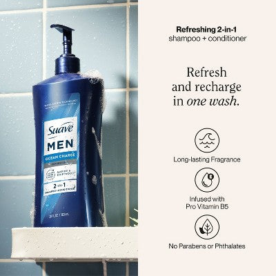 Suave Men 2-in-1 Pump Shampoo & Conditioner - Ocean Charge - 28 fl oz: For All Hair Types, Paraben-Free, Daily Use