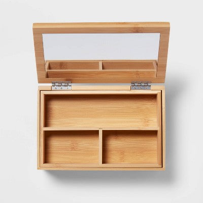 9" x 6" Rectangular Countertop Organizer with Mirror - Brightroom: Bamboo Bathroom Tray & Jewelry Storage