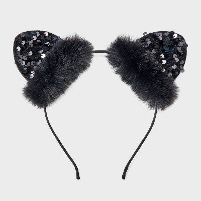 Halloween Faux Fur & Sequin Cat Ear Topper Headband - Black