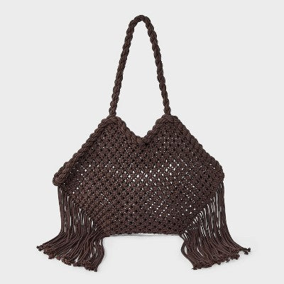 Hand Crafted Cotton Macrame Fringe Tote Bag - Universal Thread Brown