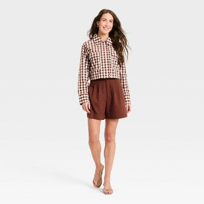 Women's Transitional Cropped Jacket - A New Day Brown Gingham M
