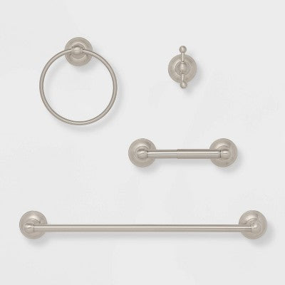 4pc Classic Bath Hardware Set Brushed Nickel - Threshold: Zinc & Stainless Steel, Includes Towel Bar & Ring