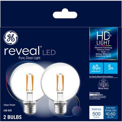 GE 2pk 60W Reveal HD+ G25 LED Globe Light Bulbs