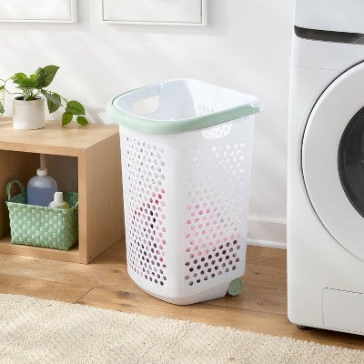 BR Rolling Hamper White with Daydream Green Handles - Brightroom (LOCAL PICKUP ONLY)