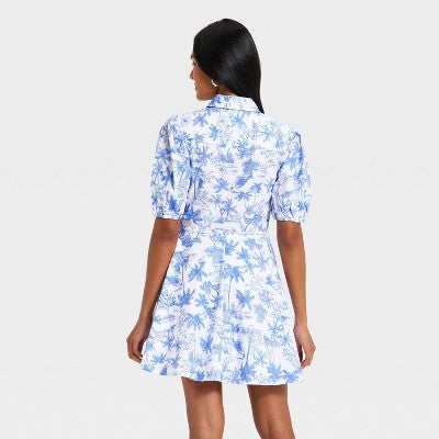 Women's Balloon Short Sleeve Mini Shirt dress Blue/White M