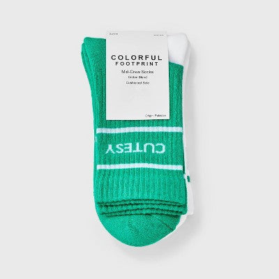 Women's "Cutesy" Cushioned Ribbed 2pk Mid Crew Socks - Green/White/Blue 4-10