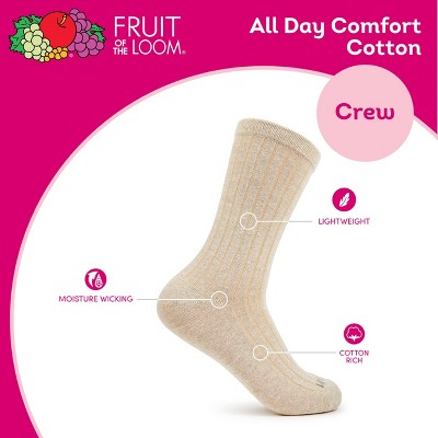 Women's Fruit of the Loom Cotton Comfort 3pk Crew Socks - Neutral 4-10: Recycled Cotton, Midweight, Solid Pattern
