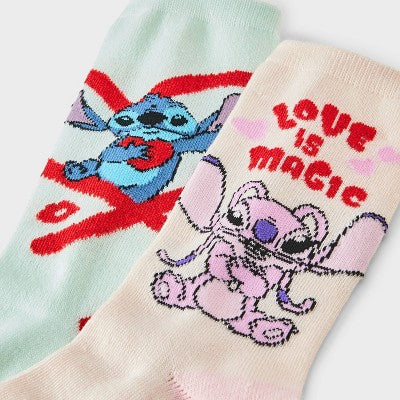 Women's Lilo & Stitch Valentine's Day Giftable 2pk Crew Socks - Blue/Pink 4-10