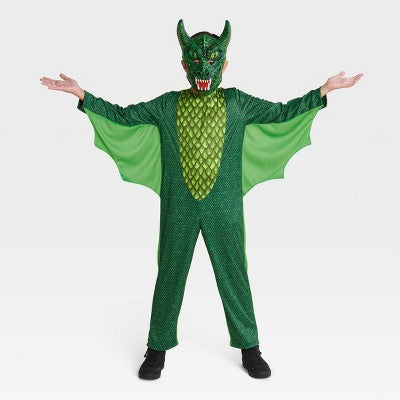 Kids' Blacklight Responsive Emerald Dragon Halloween Costume Jumpsuit with Mask L - Hyde & EEK! Boutique