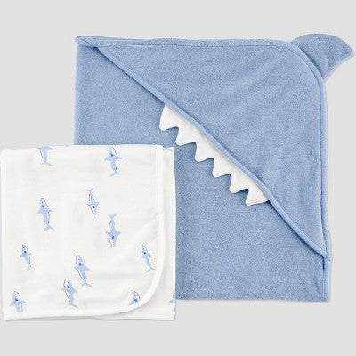 Carter's Just One You? Baby 2pk Shark Towel - Blue: Cotton Polyester Hooded Towels, Animal Theme, 29"x29"