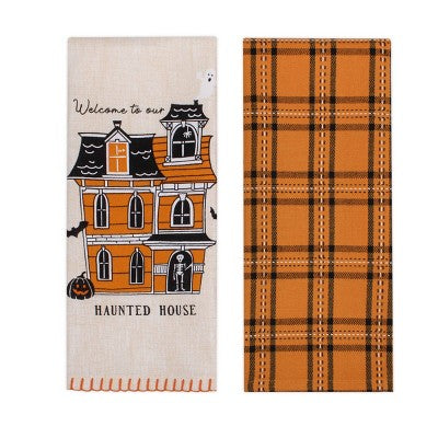 2pk Haunted House Printed and Plaid Dish Kitchen Towel - Bullseye's Playground