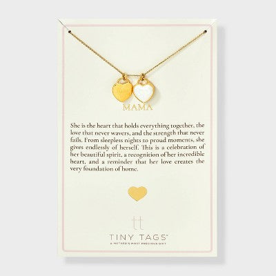 Tiny Tags 14K Gold Ion Plated "Mama" Double Heart Pendant Necklace - Gold/White