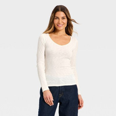 Women's Long Sleeve Ribbed V-Neck T-Shirt - Universal Thread Cream S