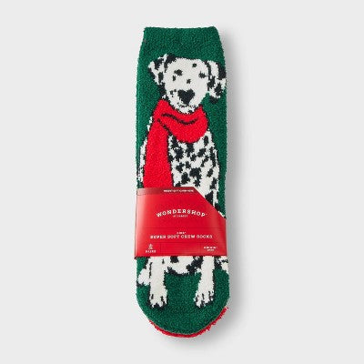 Kids' 2pk Dalmatian & Striped Cozy Crew Socks with Gift Card Holder - Wondershop Dark Green M/L