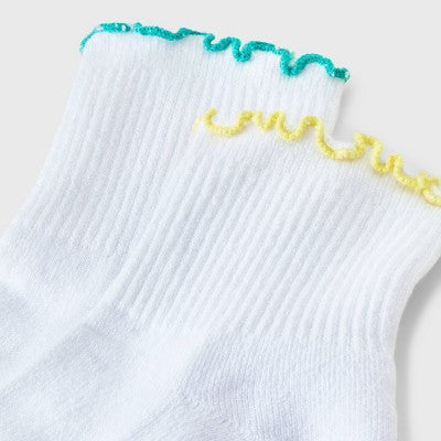 Women's Lettuce Edge Cushioned 2pk Ankle Socks - JoyLab White/Turquoise/Yellow 4-10