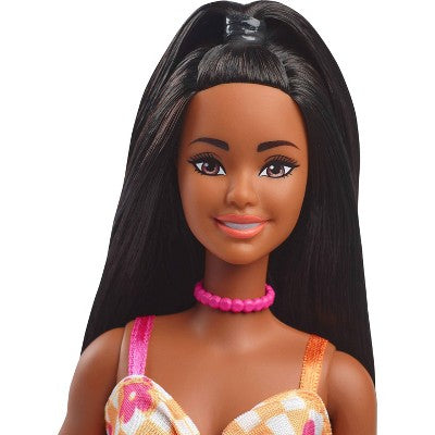 Barbie 12.7" Fashionista Pink and Orange Check Dress Doll Black Hair/Brown Eyes