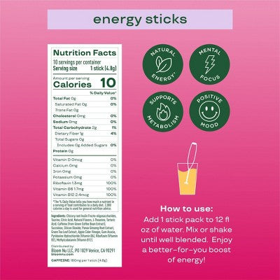 BLOOM NUTRITION Natural Energy Stick Packs - Strawberry Watermelon - 10pk