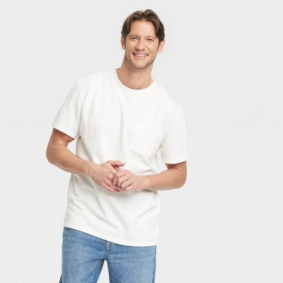 Men's Vintage Short Sleeve Pocket T-Shirt - Goodfellow & Co White XL: Heavyweight Cotton Crew Neck