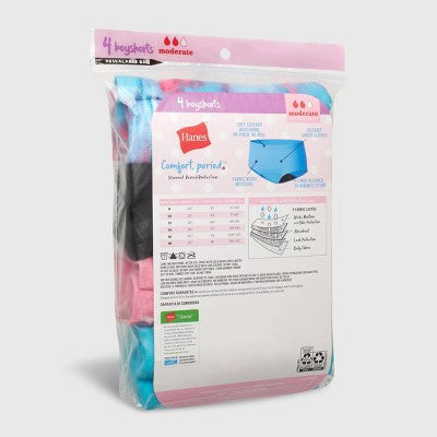 Hanes Girls' 4pk Period Boy Shorts - Colors May Vary 8: Breathable, Moisture Wicking, Mid Rise, Knit Fabric