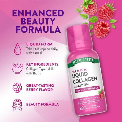 Nature's Truth Liquid Collagen Supplement with Biotin | Type 1 & 3 | Berry Flavor | 8 fl oz | Non-GMO & Gluten Free