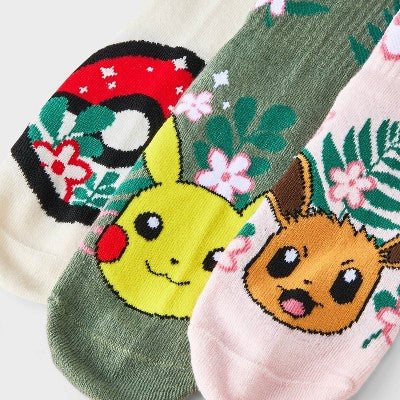 Girls' Pokemon 3pk Mid Crew Socks - Green Cream Pink M/L: Cushioned Sole Knit Design