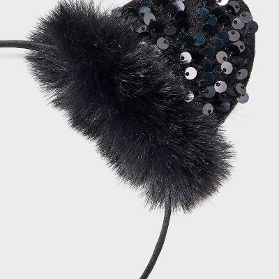 Halloween Faux Fur & Sequin Cat Ear Topper Headband - Black
