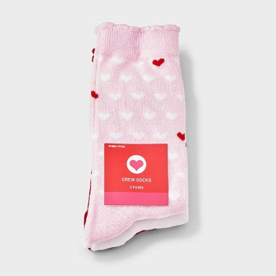 Women's Mini Hearts Scallop Cuff Valentine's Day 3pk Crew Socks - Pink/White/Red 4-10