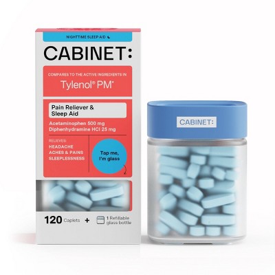 Cabinet Health Acetaminophen Pain Reliever and Nighttime Sleep Aid Refillable Glass Bottle - 120ct