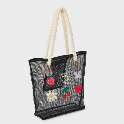 Girls' Mesh with Icons Swim Tote - art class Black: Softside Handbag, Double Handle, Fruit & Animal Patterns
