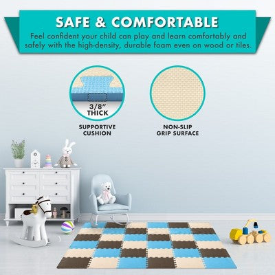 ProsourceFit Kids Solid Floor Play Mat 3/8-in, 36 Sq Ft - 36 Tiles, Blue/Brown/Beige (LOCAL PICKUP ONLY)
