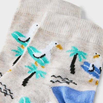 Women's Surfing Geese Ankle Socks - Oatmeal Heather/Blue 4-10: Lightweight Ribbed Fabric, Banded Cuff