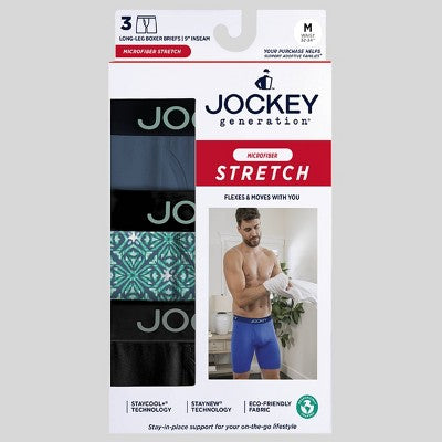 Jockey Generation Men's Microfiber Stretch Long Leg Boxer Briefs 3pk - Black/Mint Green/Steel Blue L: Tagless, Lightweight