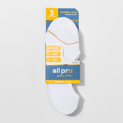 All Pro Women's 3 pk Ultralight Low Liner Socks - White 4-10: Breathable, Moisture Wicking, Y-Heel Stitching